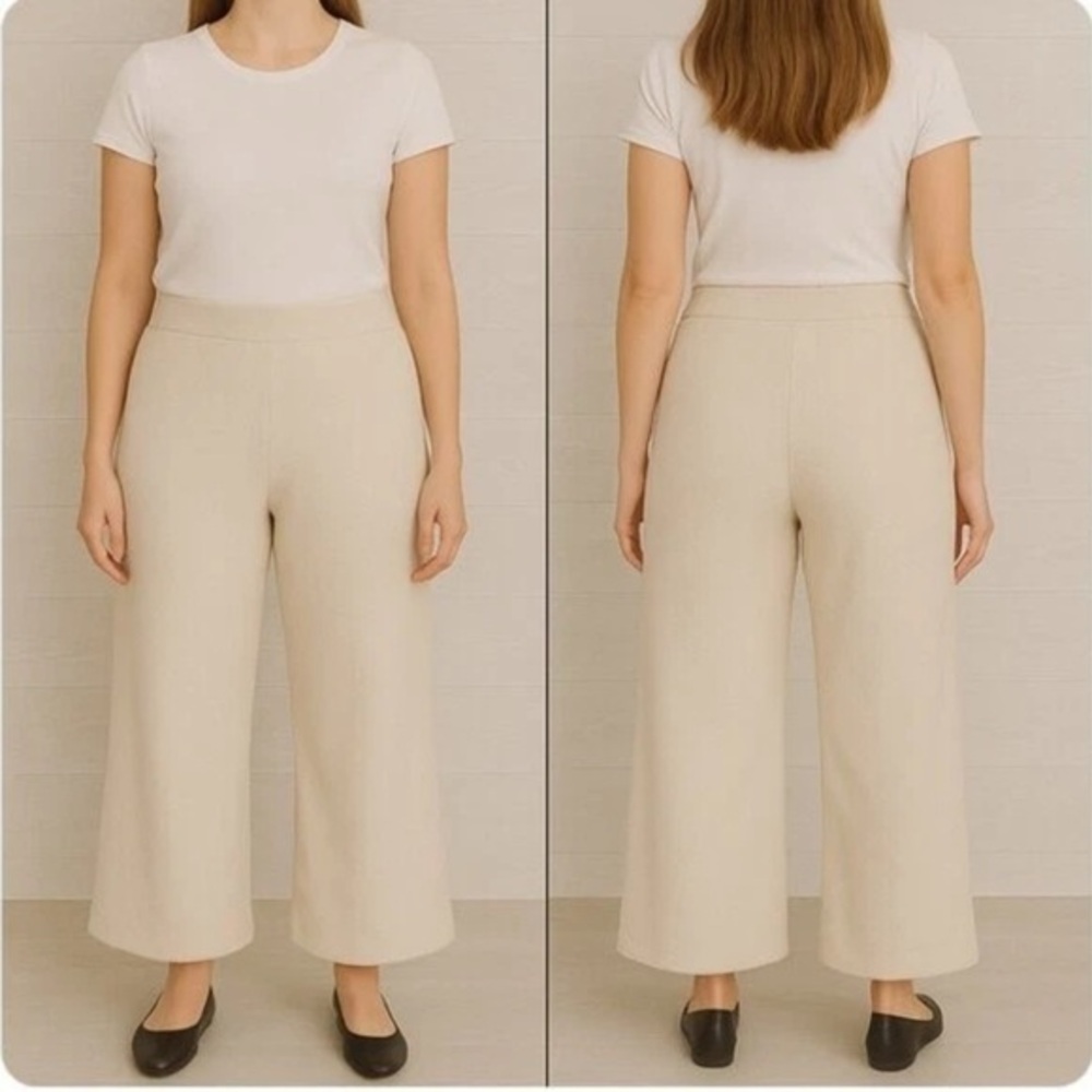 Ann Taylor Wide-Leg Pants Ribbed Knit Cream Fuzzy Comfort Womens Large Casual